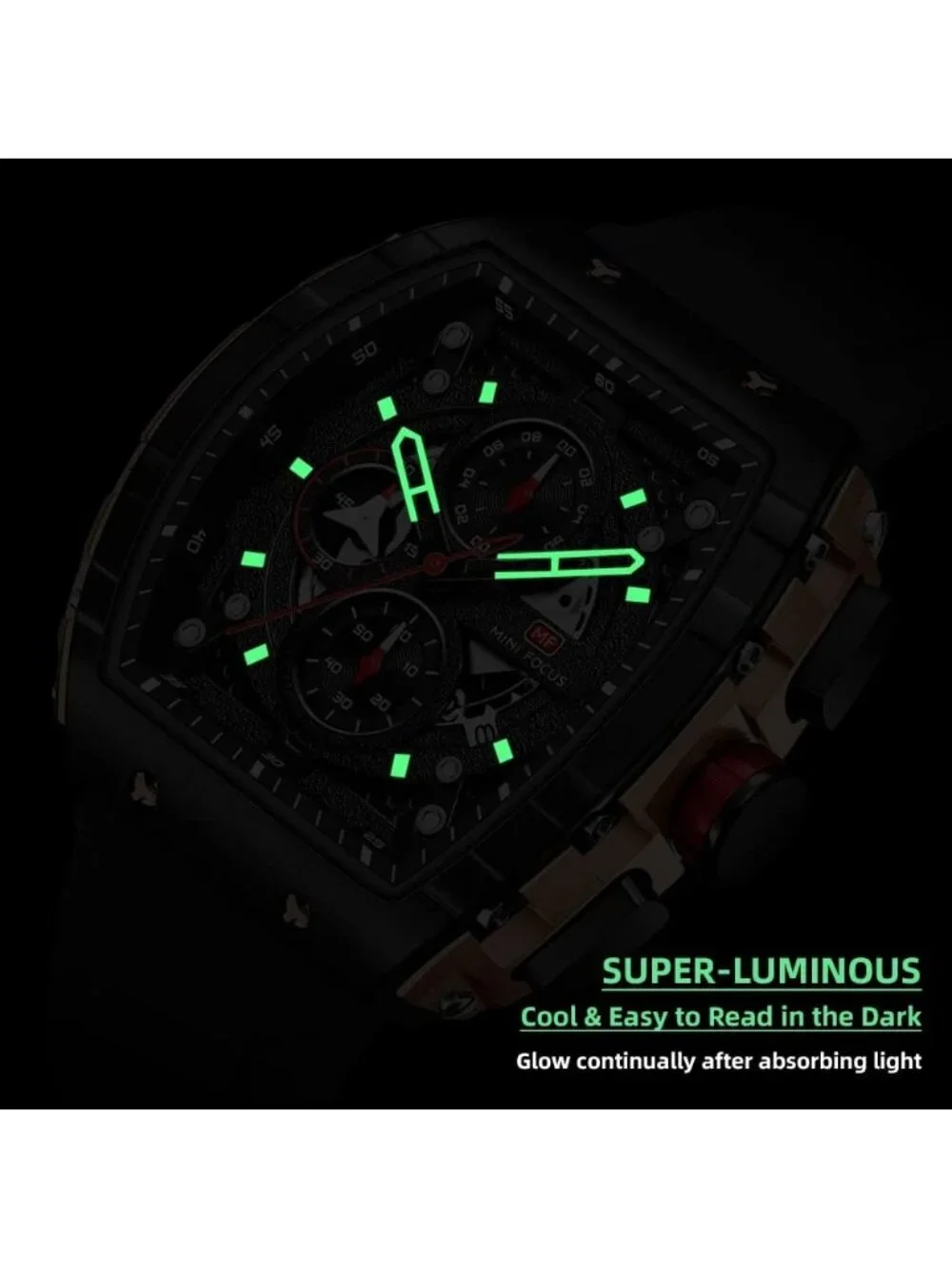 Men's Black Silicon Strap Quartz Chronograph Waterproof Luminous Tonneau Watch